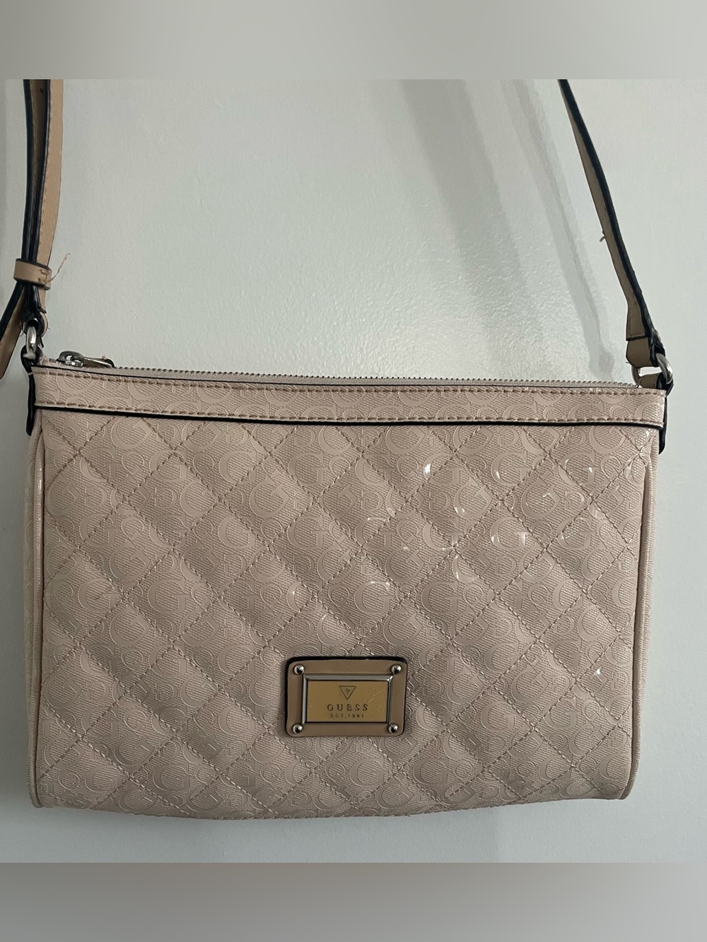 GUESS Quilted Patent Shoulder Bag with Adjustable Strap Animal Print Lining